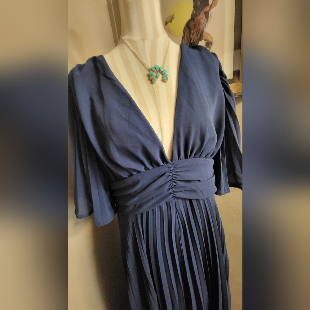 Navy Blue Size XL Navy Blue Pleated Dress Western Boho Sheer Lined